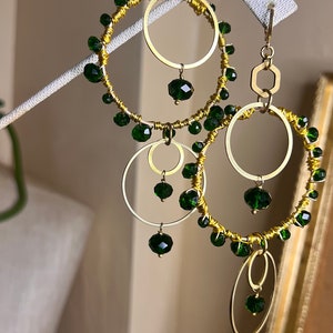 Beaded Hoops Earrings, Boho Hoops, emerald and gold, Akiyah earrings, feast day earrings, gold hoops, boho chic earrings, Zabiyah image 4