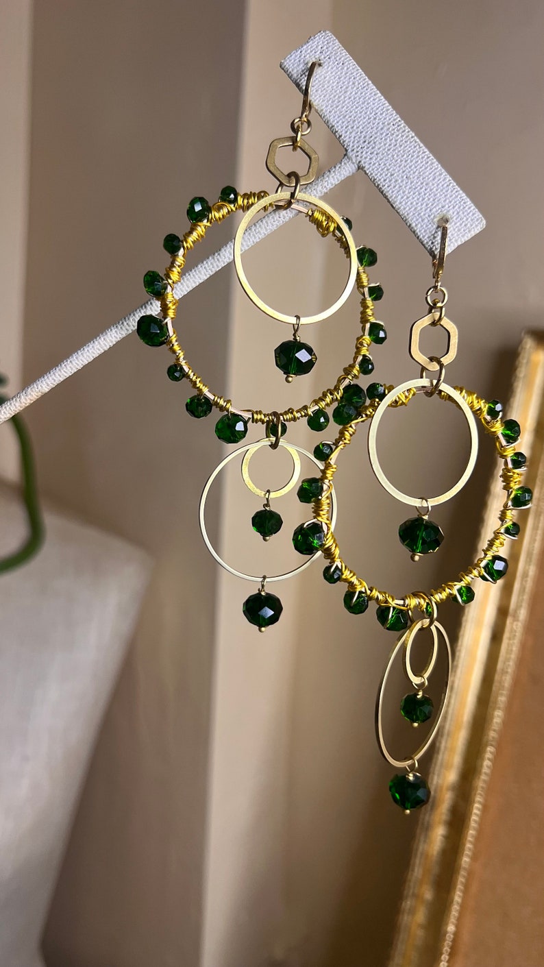 Beaded Hoops Earrings, Boho Hoops, emerald and gold, Akiyah earrings, feast day earrings, gold hoops, boho chic earrings, Zabiyah image 4