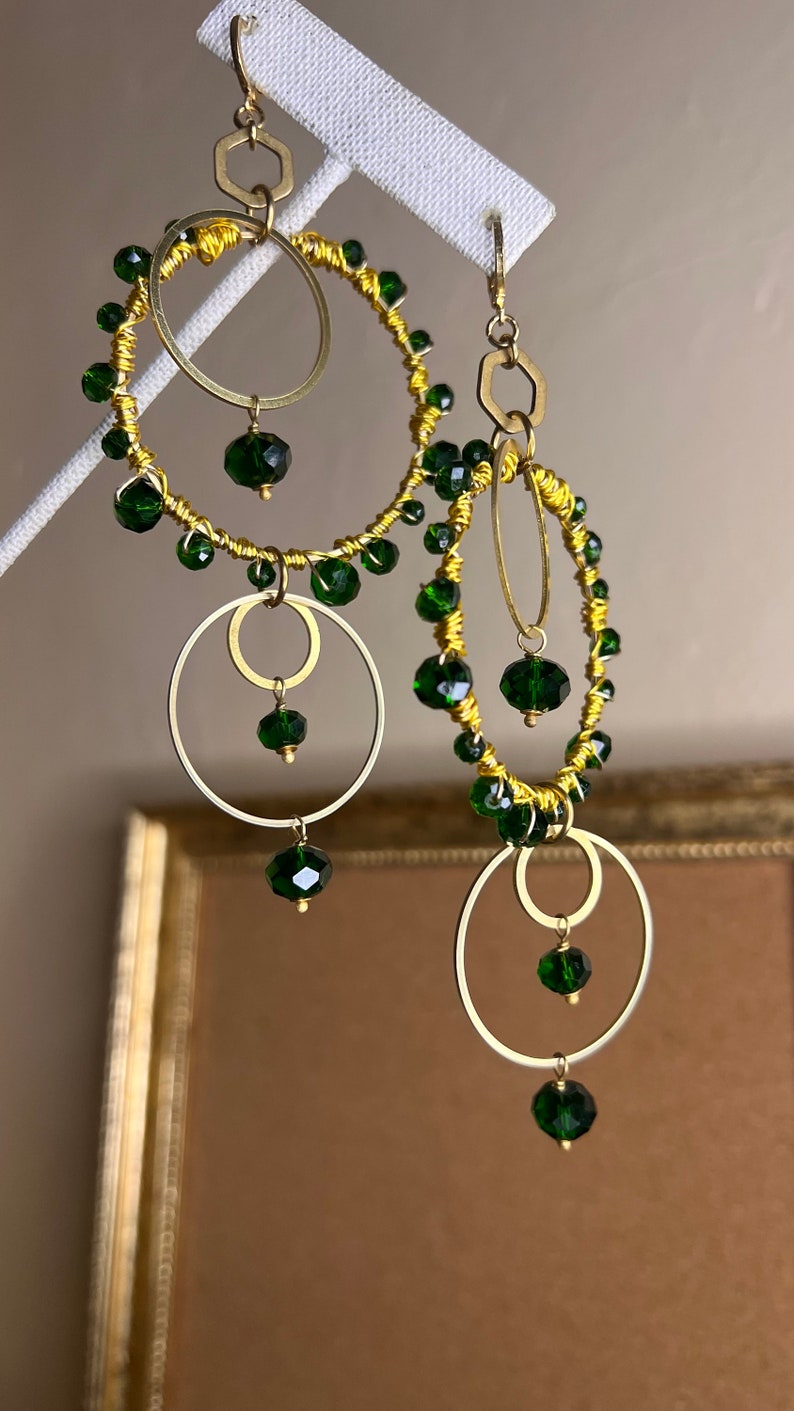 Beaded Hoops Earrings, Boho Hoops, emerald and gold, Akiyah earrings, feast day earrings, gold hoops, boho chic earrings, Zabiyah image 7