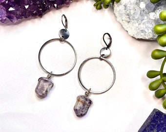 Amethyst Hoop Earrings, Silver hoop Earrings, black owned, Amethyst Crystal earrings, Bohemian, steel, Anna