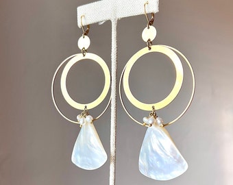 Mother of Pearl Gold Hoop Earrings, black owned jewelry, Gold Shell statement earrings, unique earrings, bohemian pearl earrings