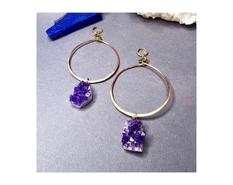 Raw Amethyst hoop earrings, black owned jewelry shop, Copper Hoop Earrings, hoop gemstone earrings , mixed metal hoop earrings