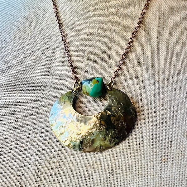 Sonora Turquoise Pendant Necklace: Hammered Brass Crescent Moon, Bohemian Jewelry