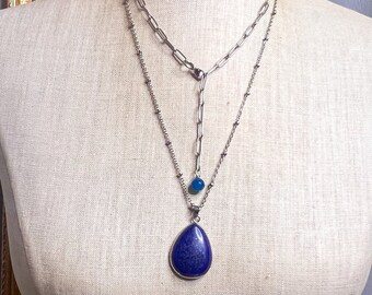 Tarnish-Free Layering Necklace, teardrop Lapis Lazuli Pendant necklace, steel chain necklaces, beach jewelry, tarnish free necklace chain