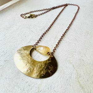 Brass Crescent Moon Necklace: Citrine Crystal Boho Jewelry