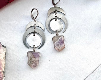 Amethyst moon phases Earrings, Silver hoop Earrings, black owned, Amethyst Crystal earrings, Bohemian, Oversized Crystal hoops, steel, Anna