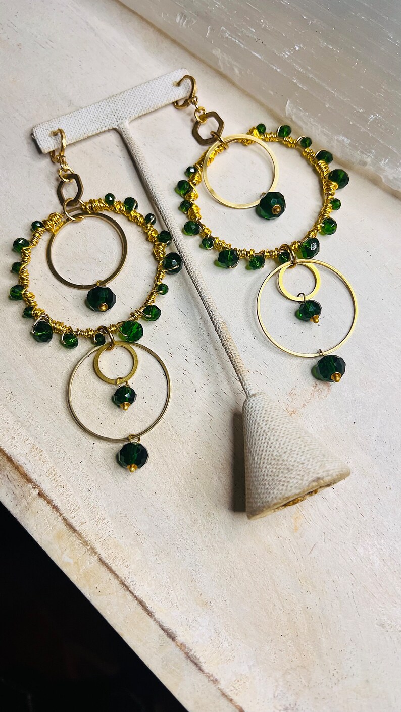 Beaded Hoops Earrings, Boho Hoops, emerald and gold, Akiyah earrings, feast day earrings, gold hoops, boho chic earrings, Zabiyah image 2