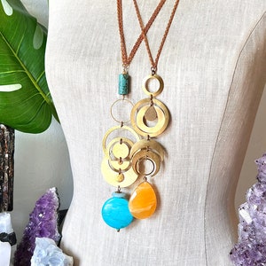 Moon Phases Statement Necklace Turquoise, Orange Calcite necklace, Moon phases necklace, black owned jewelry, Abigail Necklace, long brass