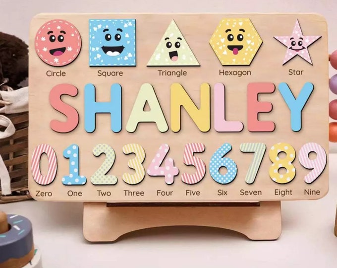Preschool Puzzle Toy Gift for Boys and Girls, Custom Name Puzzle with Numbers & Geometry Shapes, Educational Name and Number Puzzle for Kids