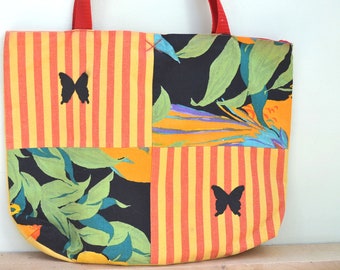 Tote Bag, Appliqué Bag, Patchwork Tote, Butterfly Bag, Tropical Tote, Striped Tote, Handmade Tote Bag