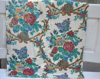 Fabric, Linen Fabric, Vintage Fabric, Fabric Remnant, Floral Fabric, 1950's Fabric, Floral Linen Fabric, Retro Fabric