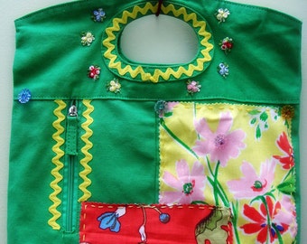 Sac fourre-tout fait main à appliqué floral, sac à main vert en patchwork