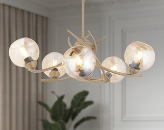 5-Piece Round Antique Colored Honey Colored Glass Modern Living Room and Hall Pendant Lamp Chandelier , Lighting , Gift for Mom