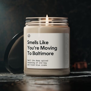 Smells Like You&#39;re Moving To Baltimore Candle, Baltimore Housewarming Gift, Baltimore Themed Candle, Moving Candle, City Candle