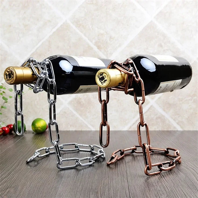 Weinregal mit hängender Kette, hängender Weinhalter aus Metall, Weinflaschenständer, Dekoration Wohnzimmer, Ornamente, einzigartiges Geschenk Bild 2