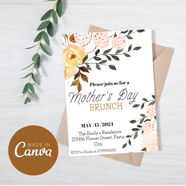 Editable Floral Mother's Day Digital İnivation Template, Mother's Day Brunch Invitation, Spring Blooms Mother's Day Invitation Template