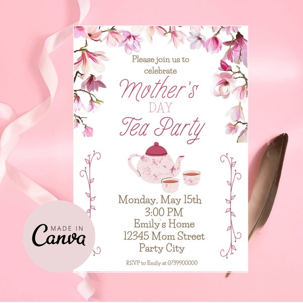 Mother’s Day Tea Party Digital İnvation,Editable Mother’s Day Pink Floral Tea Party Digital İnvite,Mother’s Day High Tea Party Template