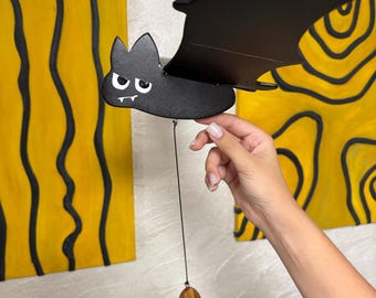 Wooden Flying Bat Mobile with Moving Wings, Glow in the Dark Halloween Decor, Hanging Bat Decoration, Gothic Room Accent
