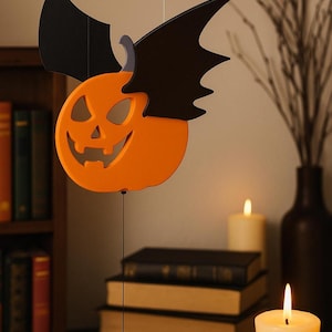 Halloween Pumpkin Lantern with Bat Wings | Wooden Jack O Lantern Cut Out Face | Hanging Spooky Party Decoration