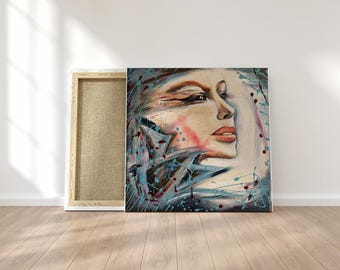 May include: Abstract painting of a woman's face with blue, brown, and white paint splatters. The woman's face is partially obscured by the paint splatters.