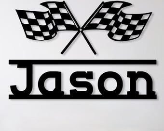 Custom Racing Name Sign, Boys Metal Wall Art with Checkered Flags, Personalized Room Decor for Car Lovers, Motorsport Lover Kids Gift Idea