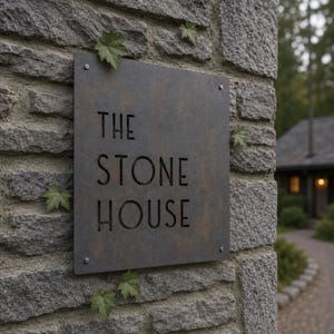 Könnte beinhalten: Ein rechteckiges Metallschild mit dunkler, verwitterter Oberfläche und dem lasergeschnittenen Text THE STONE HOUSE. Das Schild ist mit vier sichtbaren Schrauben an den Ecken an einer strukturierten grauen Steinmauer mit grünen Blättern befestigt.