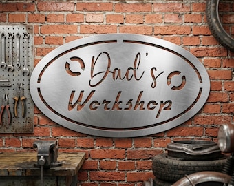 Placa de metal personalizada para a oficina do papai, decoração personalizada para ferramentas de garagem, presente para dono de garagem, decoração de aço para garagem, presente para o Dia dos Pais para amantes de carros