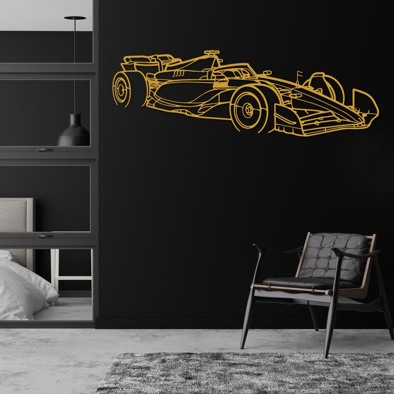Performance racewagen decor metalen muur kunst, auto racer cadeau, auto game room decor idee, metalen sportwagen hoekweergave, racer mannen auto cadeau Gold