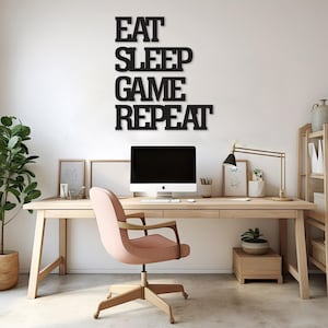 Eat Sleep Game wiederholen Wandschild, modernes Gamer-Raumdekor, Spielraumgeschenk, über Computer-Wandschild, Schlafzimmer-Gaming-Wandkunst, Geschenk für Esports-Fans