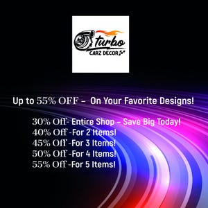 The image is a promotional graphic for Turbo Carz Decor, featuring a large white logo with a black and orange design, and a list of discounts and savings on various items.