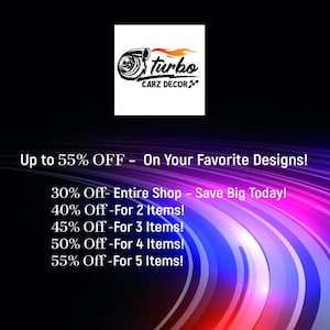 The image is a promotional graphic for Turbo Carz Decor, featuring a large white logo with a black and orange design, and a list of discounts and savings on various items.