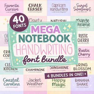 Puede incluir: Un paquete de fuentes digitales con 40 fuentes, incluyendo "Mega Notebook Handwriting Font Bundle". La imagen presenta varios estilos de fuente en colores pastel, con textos como "Happy Magic" y "Banana Shake".