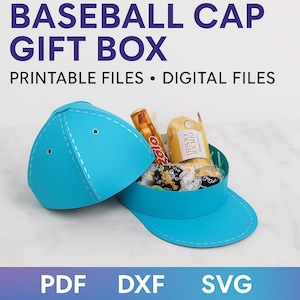 May include: A light blue baseball cap gift box, open to reveal treats. The box is shaped like a baseball cap with white stitching and eyelets. Text on the image reads "BASEBALL CAP GIFT BOX" and "PRINTABLE FILES • DIGITAL FILES". Below the box are the letters "PDF", "DXF", and "SVG".