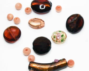 Bead Kit 4- glass beads- lampwork beads- designer beads- bead collection- brown beads- jewelry supplies-beading supplies-pink beads-bead kit