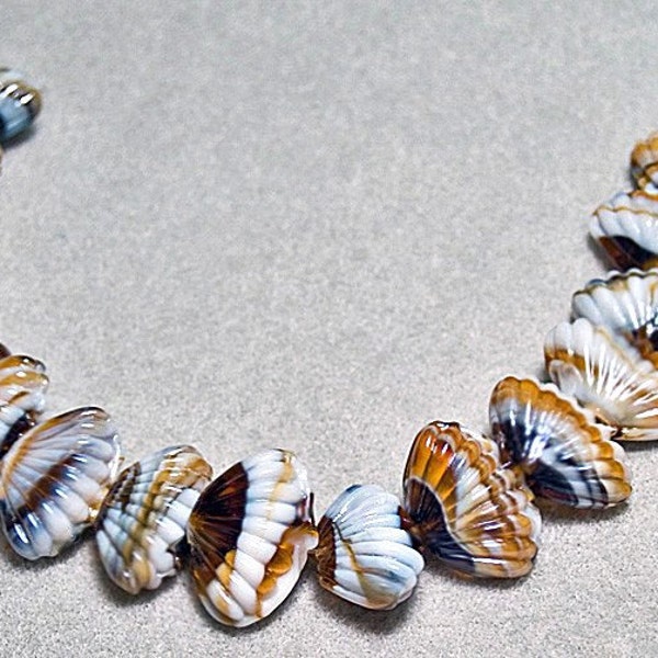Summers on the Shore- Murano style shell beads-glass shell beads-beach style beads-designer beads-brown/white/amber beads-focal shell beads