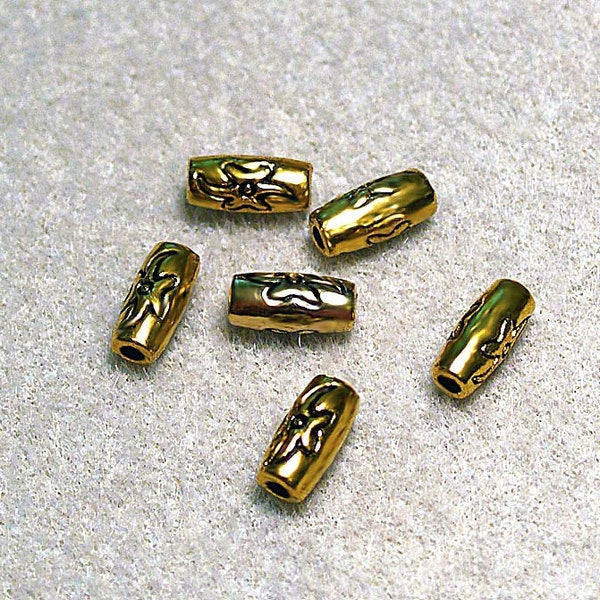 Gold Flower Tube Beads- metal beads- designer beads- flower design beads- beading supplies- crafting supplies- antiqued gold tube beads
