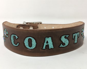 Dog Collar Leather Personalized with Glitter Name and/or Phone Number