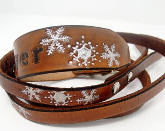 Custom Leather Collars - Leather -  Winter Dog Collar - Snowflake dog Collars -  Silver Snowflake - Personalized Dog Collar - Leash