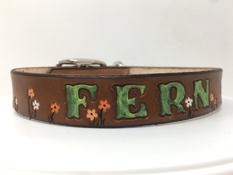 Tiny Flower Personalized Leather Dog Collar Tangerine, White and Lt Tangerine Flowers image 4