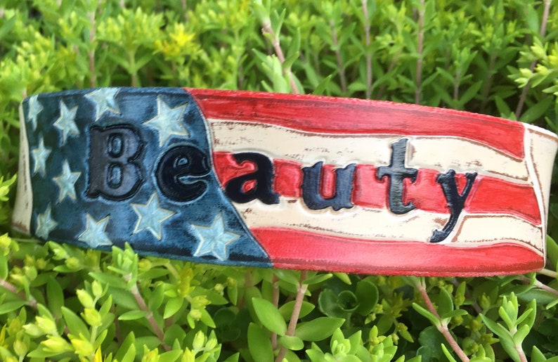 American Flag Dog Collar Personalized with Dogs Name with Distressed Cream Leather Base Color image 2