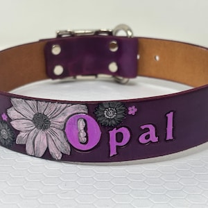 Purple Leather Flower Dog Collar: Personalized Floral Puppy Collar