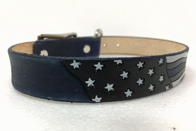 Thin blue line dog collar, Blue Jean colored leather personalized collar image 4