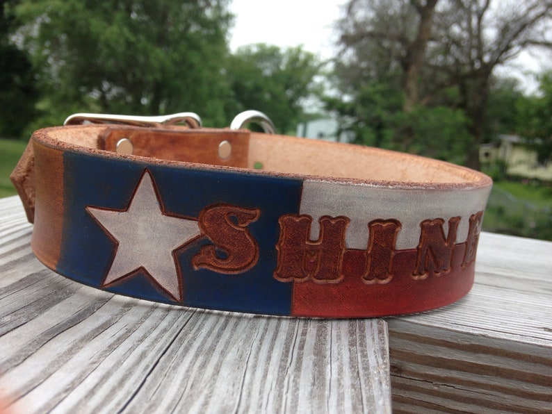 Texas Flag Dog Collar Patriotic Dog Collar Leather Dog Collar Personalized with Dogs Name image 2