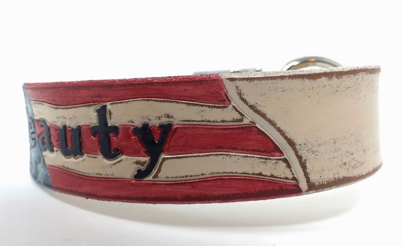 American Flag Dog Collar Personalized with Dogs Name with Distressed Cream Leather Base Color image 8