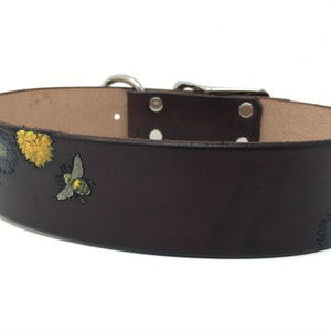 Brown Leather Dog Collar with Bee and Flower Design, Dogs name can be added image 2