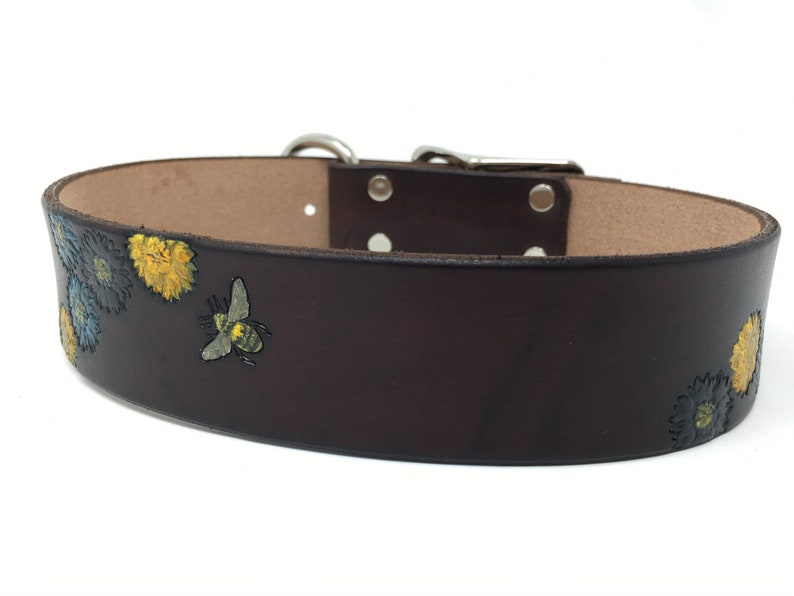 Brown Leather Dog Collar with Bee and Flower Design, Dogs name can be added image 2