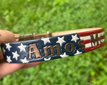 Hand-tooled American flag leather dog collar | Patriotic dog collar | custom USA name collar for dogs