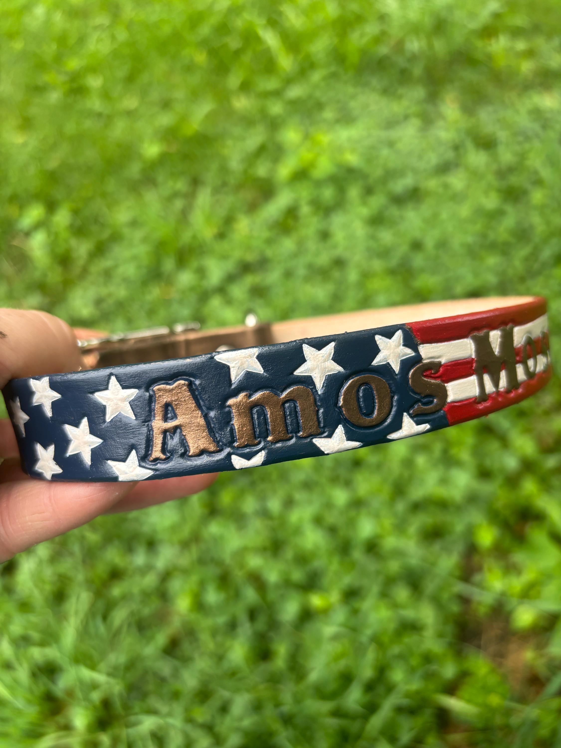 Hand-tooled American flag leather dog collar Patriotic dog collar custom USA name collar for dogs