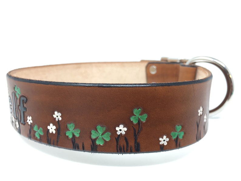 Leather dog collar with Shamrocks and Tiny Flowers Perfect for your Irish dog or cat image 7