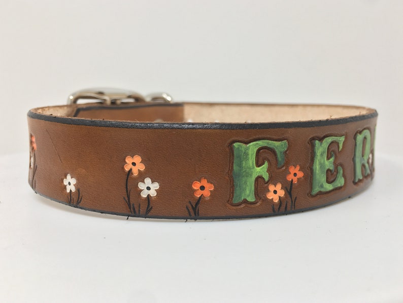 Tiny Flower Personalized Leather Dog Collar Tangerine, White and Lt Tangerine Flowers image 5